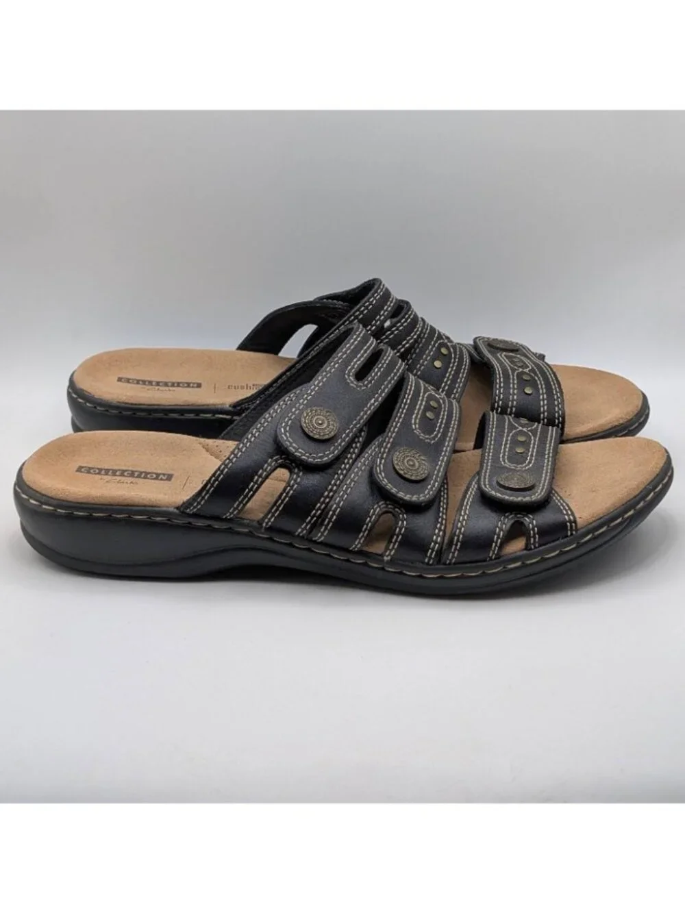 Clarks Sandals Leisa Cacti Q Womens Size 11M Adjustable Black Leather Slip On